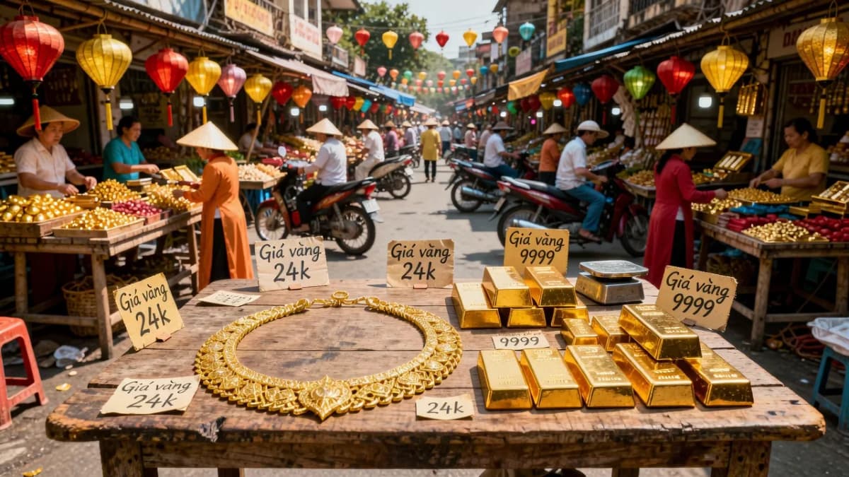 Giá vàng 24k và giá vàng 9999 với thị trường Việt Nam, biển quảng cáo rõ ràng và áo sắc màu.