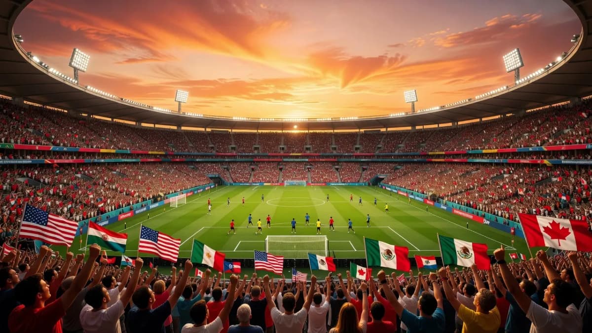 Sân vận động bóng đá World Cup 2026 sôi động, người hâm mộ cuồng nhiệt tại Việt Nam.
