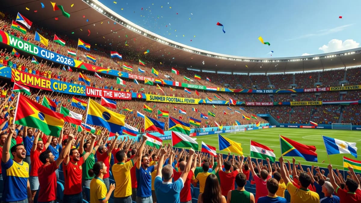Cảnh tượng bóng đá tại World Cup 2026, người hâm mộ vui vẻ, sân vận động đông đúc, bầu không khí náo nhiệt.