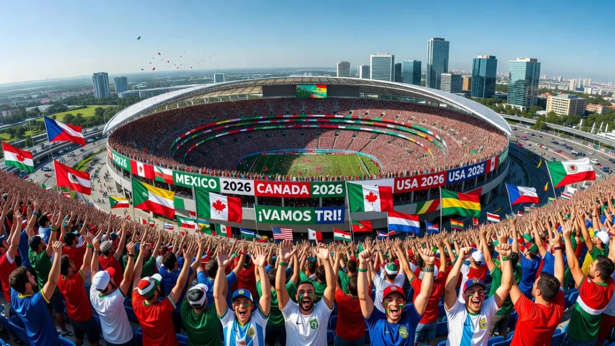 Sân vận động bóng đá đông đúc với người hâm mộ hứng khởi cho World Cup 2026.